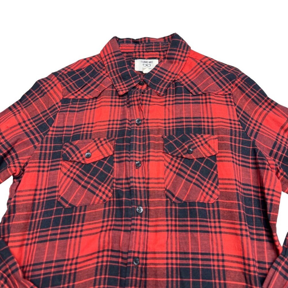 I Love H81 Women's Red Plaid Button Down LS Shirt, Size L - Picture 3 of 6